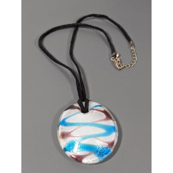 Artisan Hand Blown Glass Dichroic Oval Pendant Blue Purple Spiral Cord Necklace - Picture 1 of 7